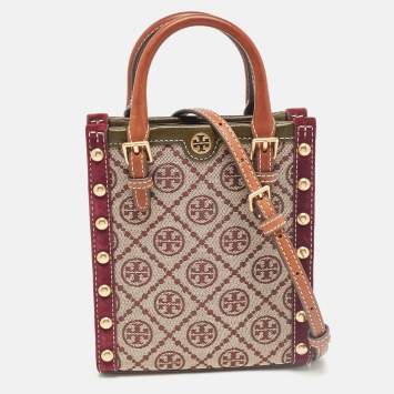 Pre Owned Tory Burch Tricolor T Monogram Jacquard Canvas and Leather Mini Tote