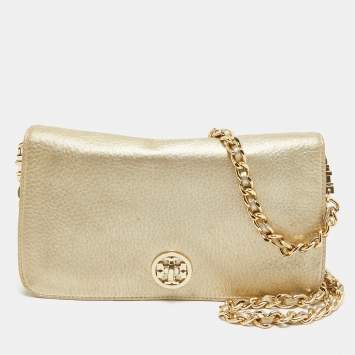 Pre Owned Tory Burch Gold Leather Adalyn Chain Clutch