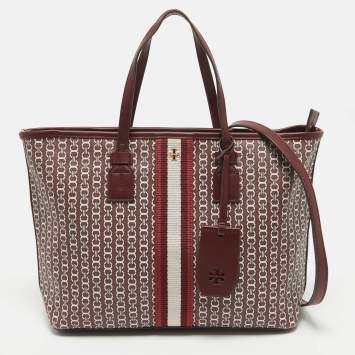 Pre Owned Tory Burch Burgundy Coated Canvas and Leather Gemini Link Top Zip Tote