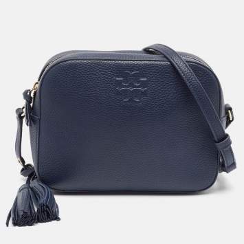 Pre Owned Tory Burch Navy Blue Leather Camera Tassel Crossbody Bag