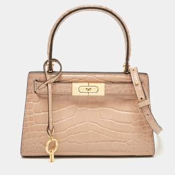 Pre Owned Tory Burch Beige Croc Embossed Leather Petite Lee Radziwill Top Handle Bag
