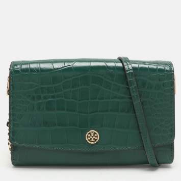 Pre Owned Tory Burch Green Croc Embossed Leather Robinson Wallet On Chain