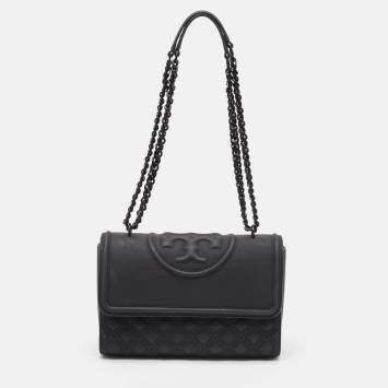Pre Owned Tory Burch Matte Black Rubber Medium Fleming Shoulder Bag