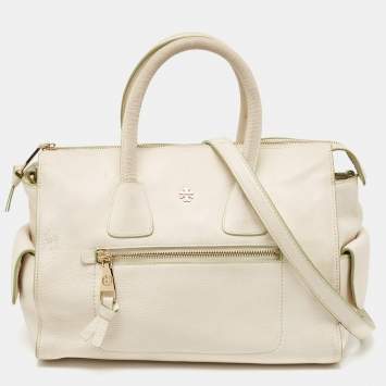 Pre Owned Tory Burch Off White Leather Side Pockets Satchel