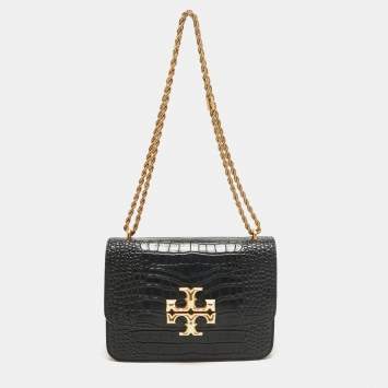 Pre Owned Tory Burch Black Croc Embossed Leather Eleanor Shoulder Bag