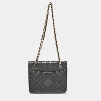 Pre Owned Tory Burch Black Leather Medium Fleming Shoulder Bag