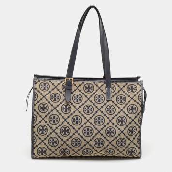 Pre Owned Tory Burch Navy Blue Canvas and Leather T Monogram Tote