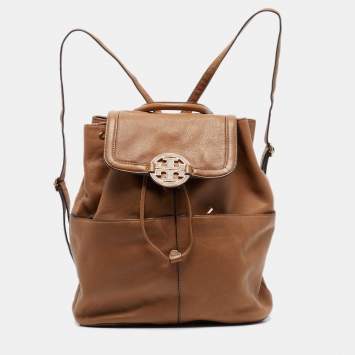 Pre Owned Tory Burch Brown Leather Drawstring Flap Backpack