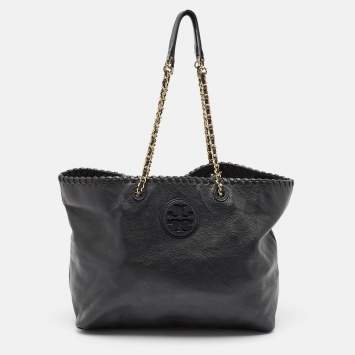 Pre Owned Tory Burch Black Leather Whipstitch Marion Tote