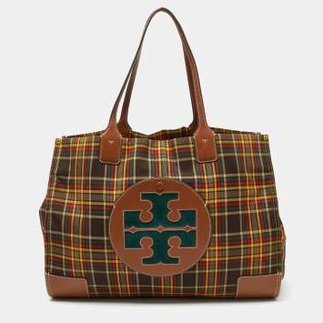 Pre Owned Tory Burch Multicolor Plaid Fabric and Leather Ella Shopper Tote