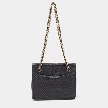 Pre Owned Tory Burch Black Leather Medium Fleming Shoulder Bag