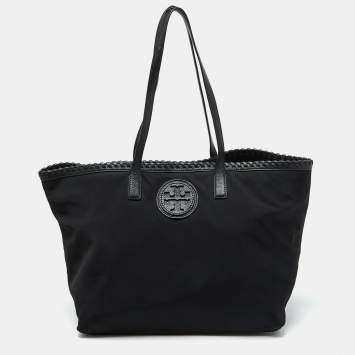 Pre Owned Tory Burch Black Nylon and Leather Marion Logo Whipstitch Tote