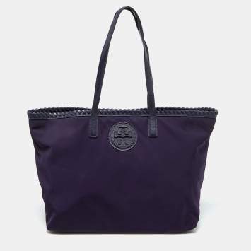 Pre Owned Tory Burch Purple Nylon and Leather Marion Logo Whipstitch Tote