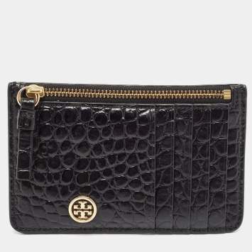 Pre Owned Tory Burch Black Croc Embossed Leather Walker Zip Card Holder