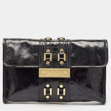 Pre Owned Tory Burch Black Crinkled Patent Leather Matthias Clutch