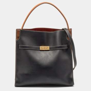 Pre Owned Tory Burch Black/Brown Leather and Suede Lee Radziwill Double Bag