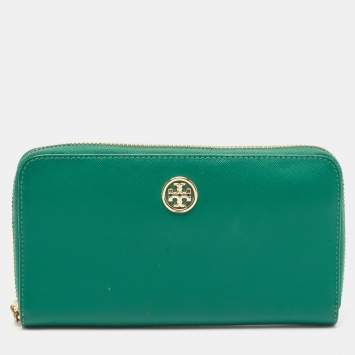 Pre Owned Tory Burch Green Leather Robinson Zip Around Wallet