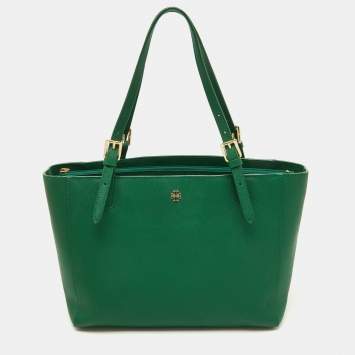 Pre Owned Tory Burch Green Leather Medium York Buckle Tote