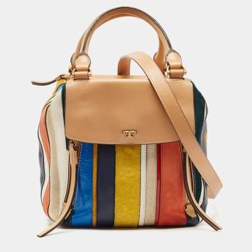 Pre Owned Tory Burch Multicolor Mix Leather and Canvas Balloon Stripe Half Moon Satchel