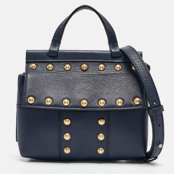 Pre Owned Tory Burch Navy Blue Leather Mini Block-T Top Handle Bag