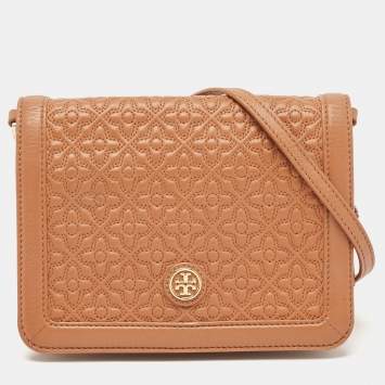 Pre Owned Tory Burch Brown Floral Quilted Leather Bryant Crossbody Bag