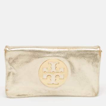 Pre Owned Tory Burch Gold Leather Reva Chain Clutch