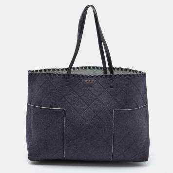 Pre Owned Tory Burch Navy Blue Felt Fabric and Patent Leather Block-T Shopper Tote