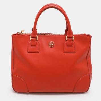 Pre Owned Tory Burch Orange Leather Robinson Double Zip Tote
