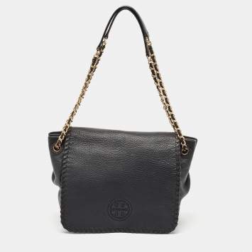 Pre Owned Tory Burch Black Braided Leather Marion Flap Shoulder Bag