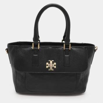 Pre Owned Tory Black Grained Leather Turnlock Flap Tote