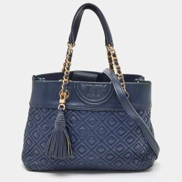Pre Owned Tory Burch Navy Blue Quilted Leather Small Fleming Tote