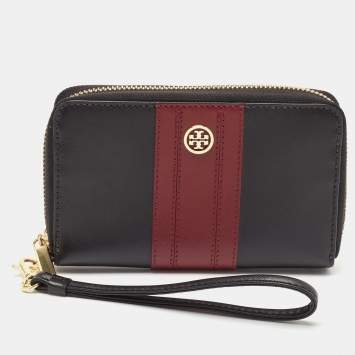 Pre Owned Tory Burch Black/Red Leather Robinson Wristlet Wallet