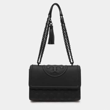 Pre Owned Tory Burch Matte Black Polyurethane Fleming Shoulder Bag