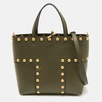 Pre Owned Tory Burch Olive Green Leather Block-T Stud Tote