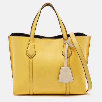 Pre Owned Tory Burch Yellow Leather Small Perry Triple-Compartment Tote