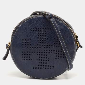 Pre Owned Tory Burch Navy Blue Leather T Perforated Logo Round Crossbody Bag