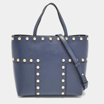Pre Owned Tory Burch Navy Blue Leather Mini Block-T Stud Tote