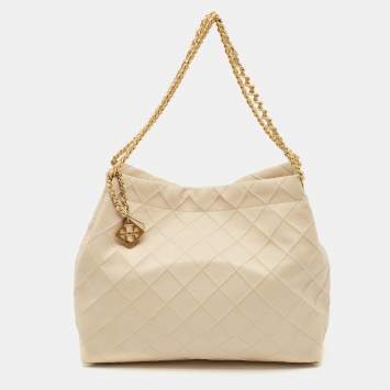 Pre Owned Tory Burch Beige Quilted Leather Soft Drawstring Fleming Tote