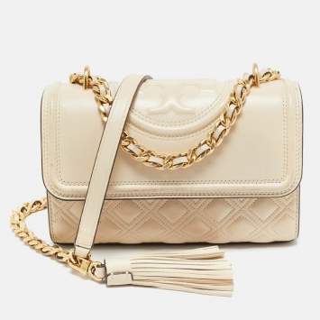 Pre Owned Tory Burch Light Beige Leather Small Fleming Shoulder Bag