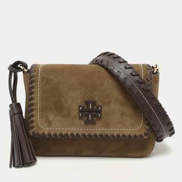 Pre Owned Tory Burch Green Leather and Suede Whipstitch Flap Bag