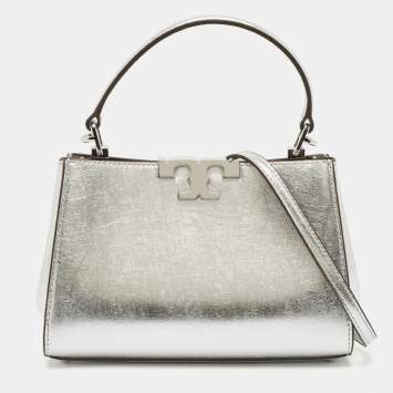 Pre Owned Tory Burch Silver Leather Mini Eleanor Top Handle Bag