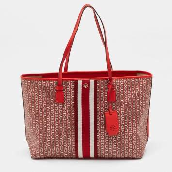 Pre Owned Tory Burch Red Gemini Link Coated Canvas and Leather Top Zip Tote