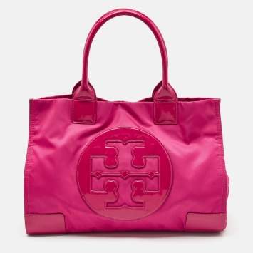 Pre Owned Tory Burch Magenta Patent Leather and Nylon Large Ella Tote