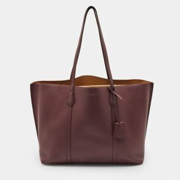 Pre Owned Tory Burch Burgundy Leather Large Triple Compartment Perry Tote