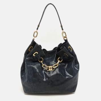 Pre Owned Tory Burch Black Python Embossed Leather Hobo