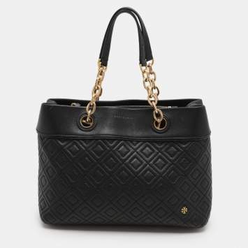 Pre Owned Tory Burch Black Quilted Leather Fleming Chain Tote