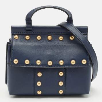 Pre Owned Tory Burch Navy Blue Leather Mini Block-T Studded Top Handle Bag