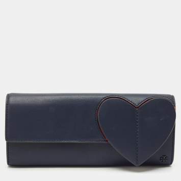 Pre Owned Tory Burch Navy Blue Leather Heart Clutch