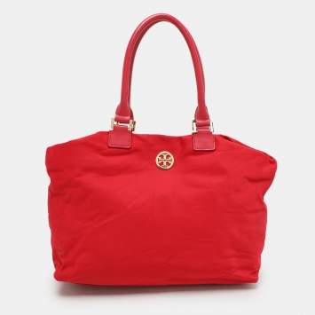 Pre Owned Tory Burch Red Leather and Nylon Tote