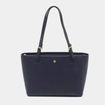 Pre Owned Tory Burch Navy Blue Saffiano Leather York Buckle Tote
